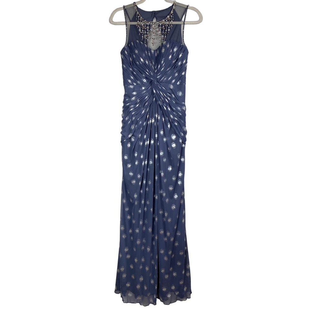 Adrianna Papell Navy Blue Metallic Dot Maxi Gown with Embellished Neckline